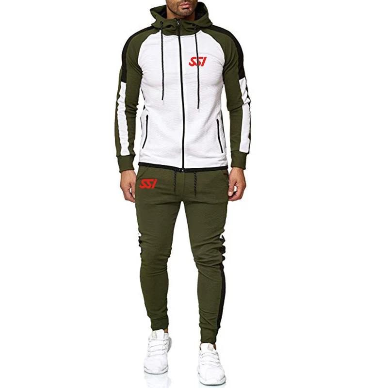 Men's Tracksuit 2Pcs Jogger Set Scuba Diving Dive SSI Printing Sweatshirt Hoodies Zip Jacket Slim Pant Tracksuit Sport Suit