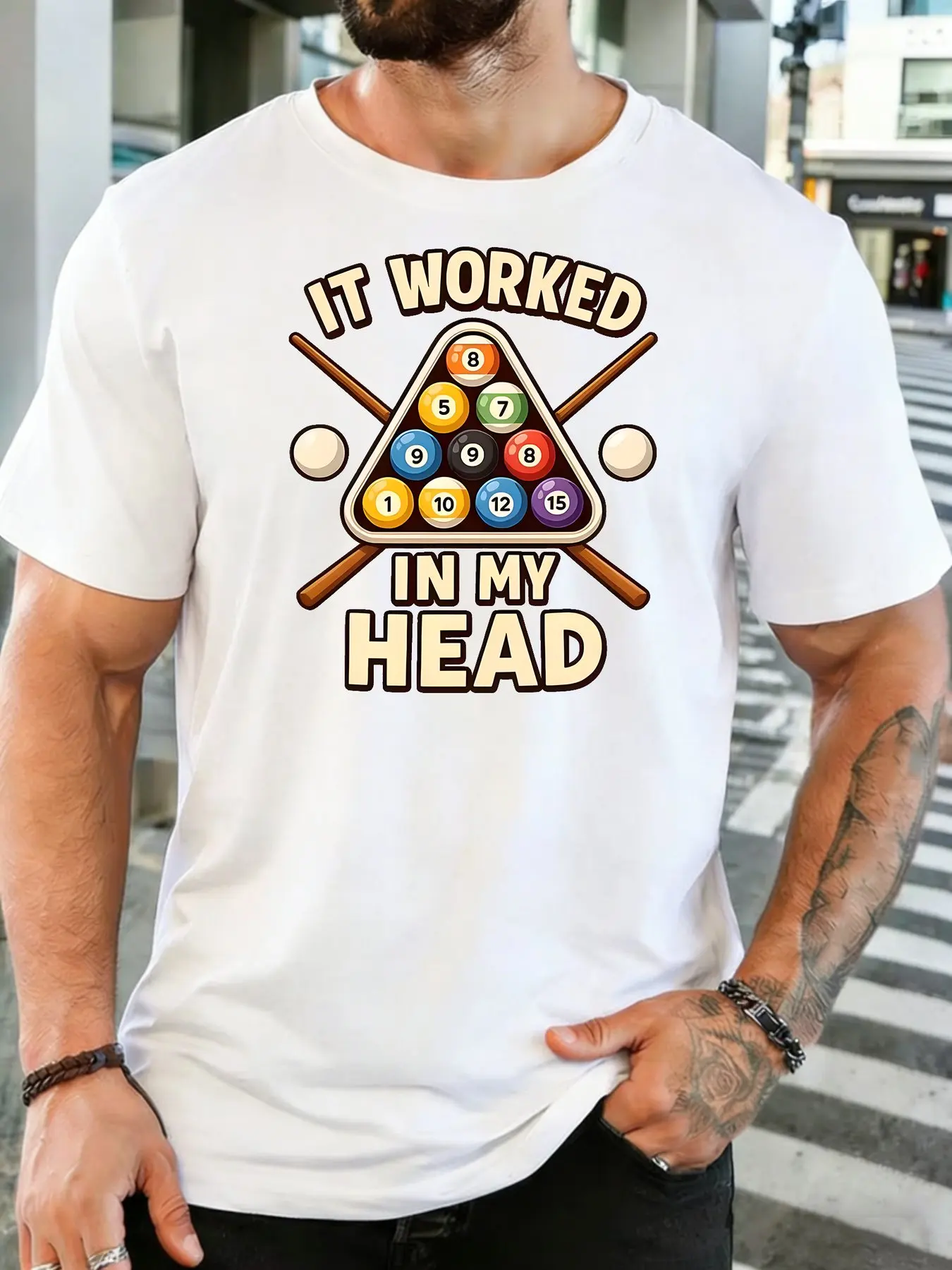 Male Black Round Neck T Shirt It Worked In My Head Colorful Rack Billiard Balls Cross Pool Cues Vintage Print Daily Cotton Tee