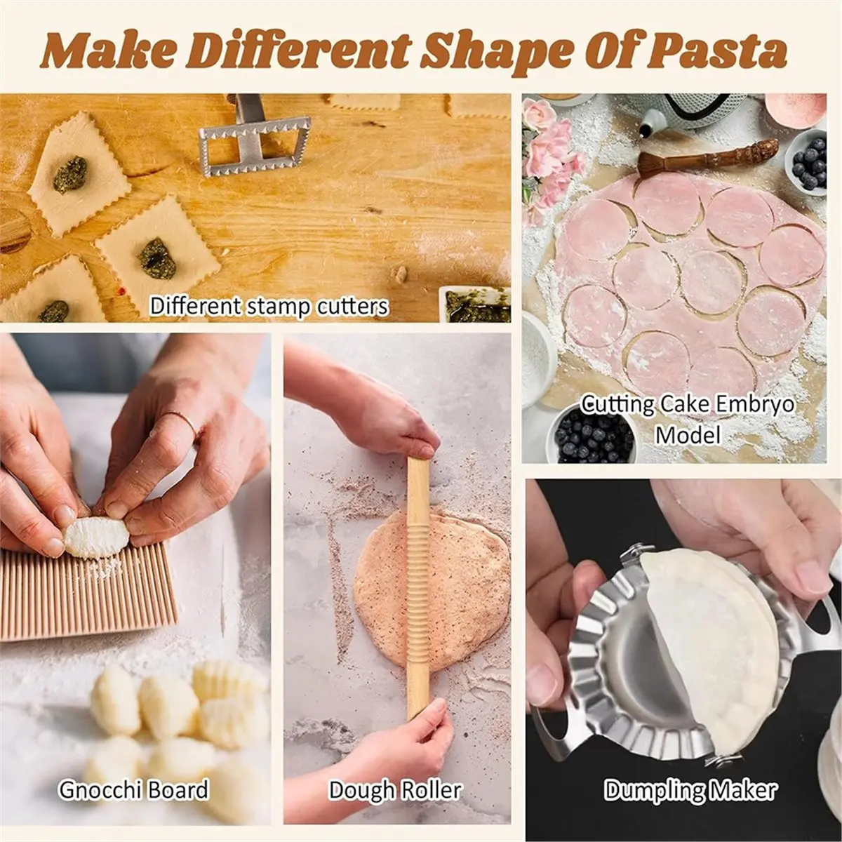 Industrial Tools 10Piece/Set Pasta Making Set: Wooden Rolling Pins, Gnocchi Board, Dumpling Maker, and More