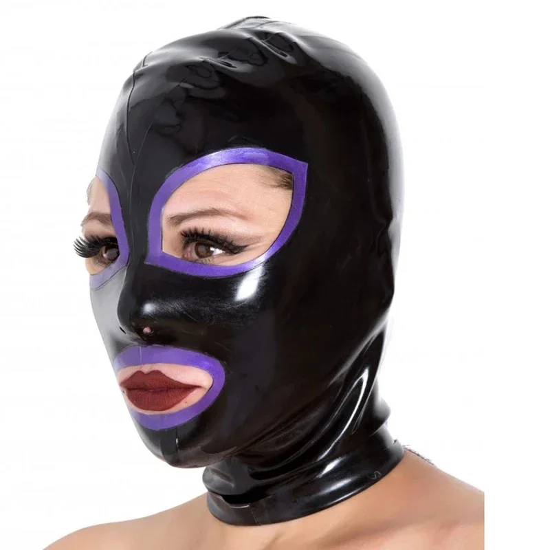 

Latex Hood Sexy Fetish Black with Purple Black Rubber Mask Back Zip Halloween Costumes Custom Made Headgear