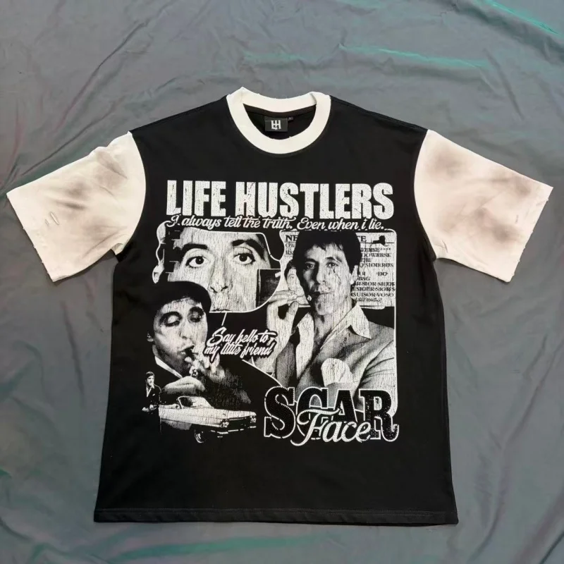 Life Hustlers T Shirt Unisex Color Block Vintage Washed Movie Print tees Distressed Rhinestone Oversized Retro Streetwear