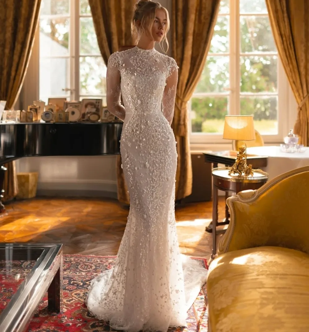 

2025 Bling Mermaid Wedding Dress For Bride Bridal Gowns Illusion High Collar Long Sleeves Beaded Lace Sequins Vestidos De Noiva