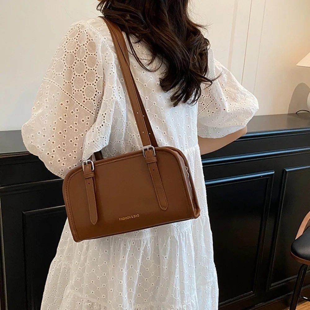 

Leisure Korean Style Boston Bag Underarm Large Capacity Single Shoulder Bag Simple Vintage PU Leather Handbag Unisex