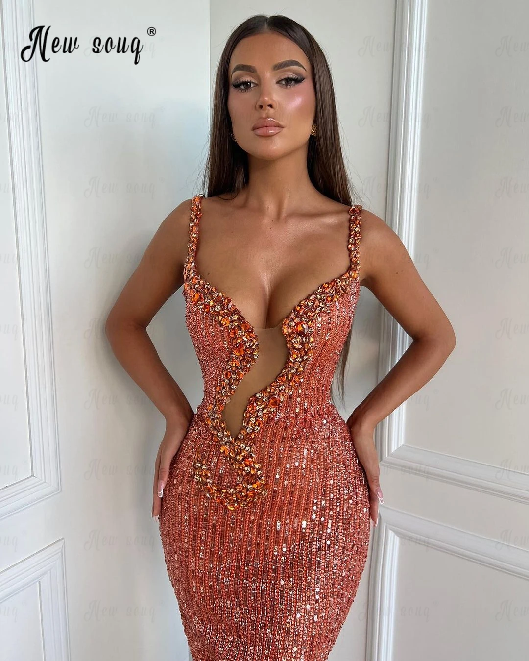 Customized Sequins Spaghetti Straps Party Dress Sexy Hollow Out Bodycon Midi Maix Sheath Dress Shiny Orange Celebrity Dresses