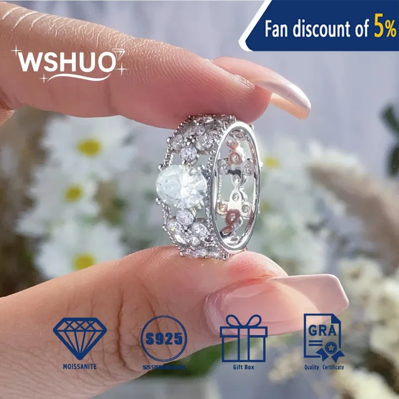 

WSHUO 925 Silver hollow out Fashion Luxury Trendy Color D Full Moissanite Clover Oval Ring Charm WomenWedding Party Jewelry Gift