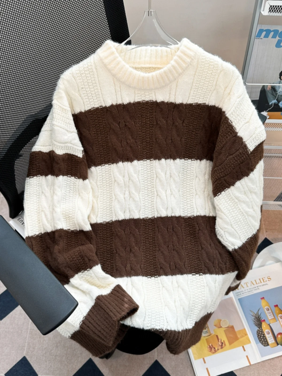 

Laid-ba Contrast Color Knitwear Trendy Brand Men's Loose Thi Warm Winter Sweater Outerwear Casual round Ne Long Sve