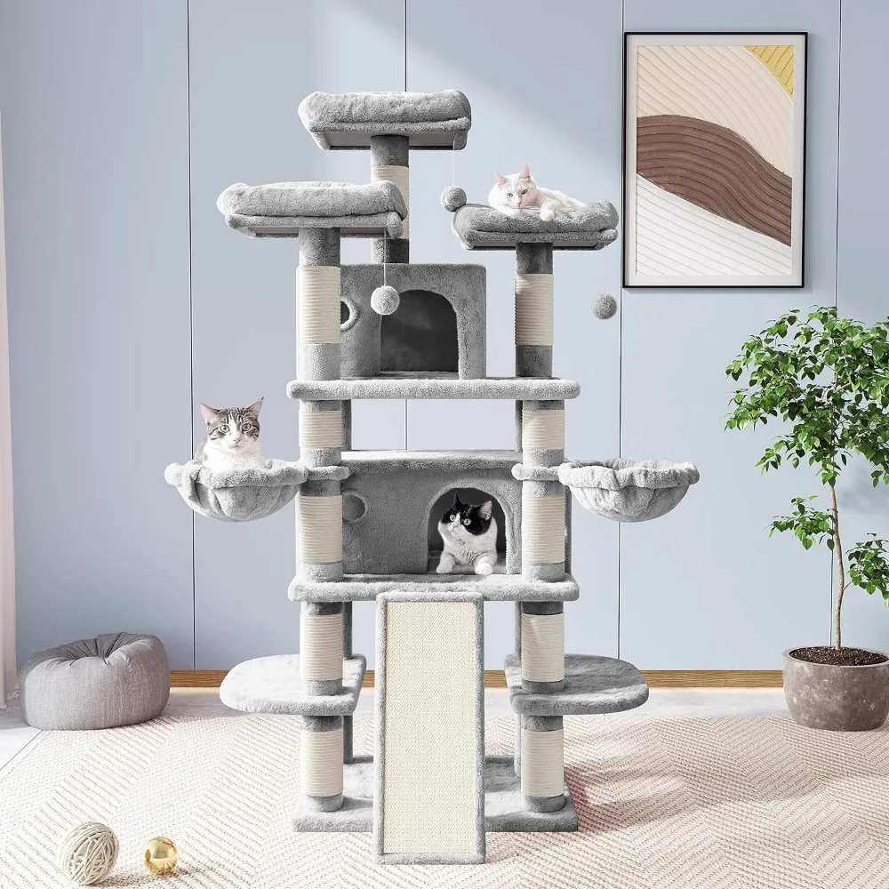 Imagem -02 - Allewie Multi-level Cat Tree House Arranhões Torres para Gatos Grandes Cinza Claro 68