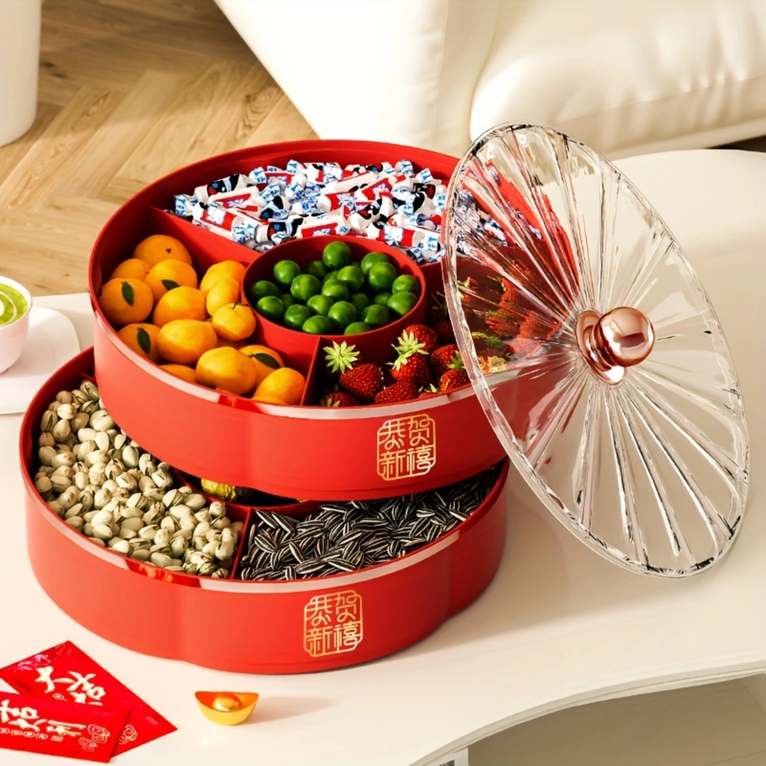 1pc  Layers Candy Box With Lid, Snack  Box, Divided Food  Box, Candy, Nut, And Dried Fruit Food  Container, Suitable For Parties