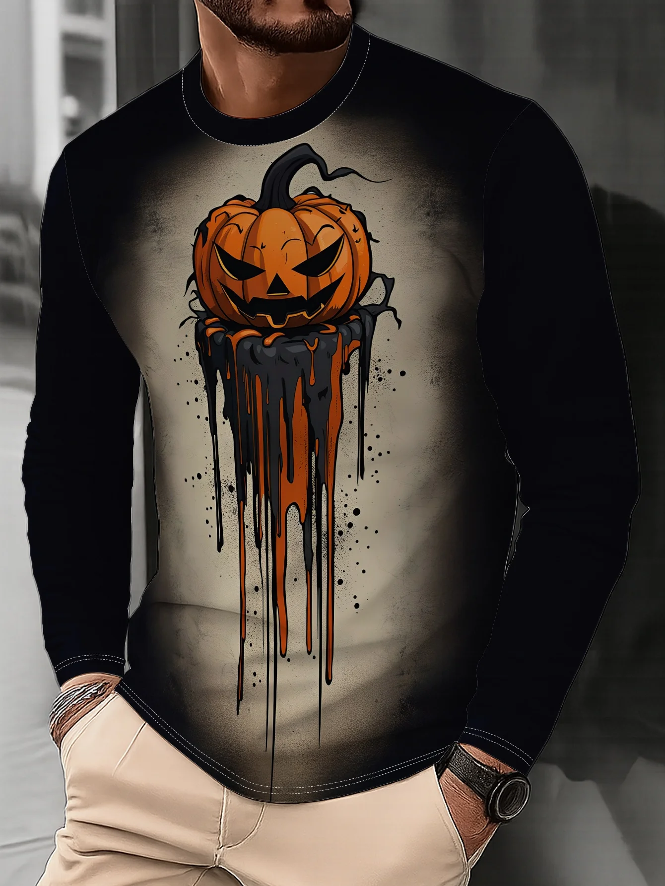 Men Long Sleeve T‑Shirt Halloween Jack O Lantern Drip Paint Print Crew Neck Vintage Horror Casual Tops