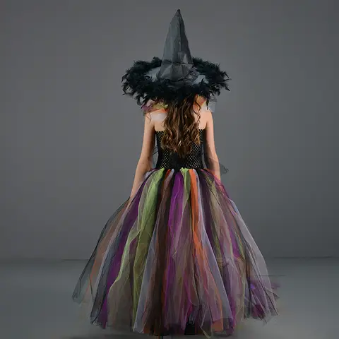Kids Halloween Witch Costume Set with Tulle Dress Cross Tie-Up Design Witch Hat and Broomstick for Cosplay Party