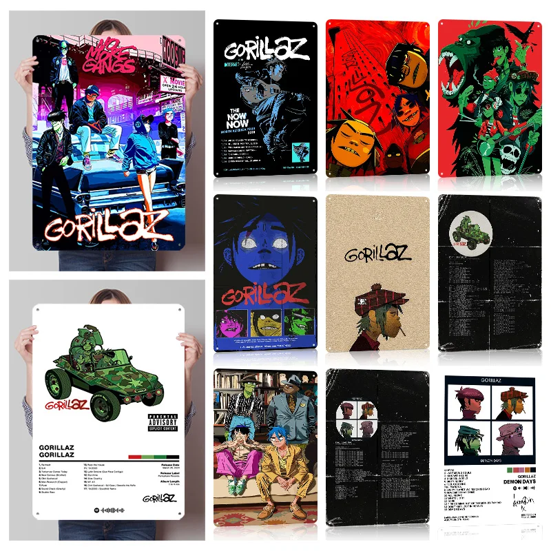 Gorillaz Music Tinplate Posters Customizable Wall Art Retro Vintage Metal Signs for Fans Interior Decoration Living Room Decor
