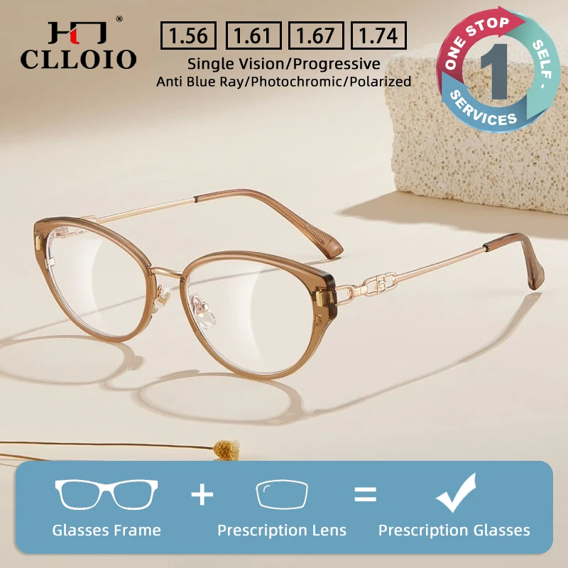 

CLLOIO Fashion Durable Lightweight TR90 Prescription Glasses Anti Blue Light Cat Eye Myopia Reading Glasses Progressive Eyewear