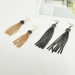 Bohemian Multi Colors Stone Black Glass Bead Tassel Rhinestone Charms Real Freshwater Pearl Stud Long Dangle Earrings For Woman