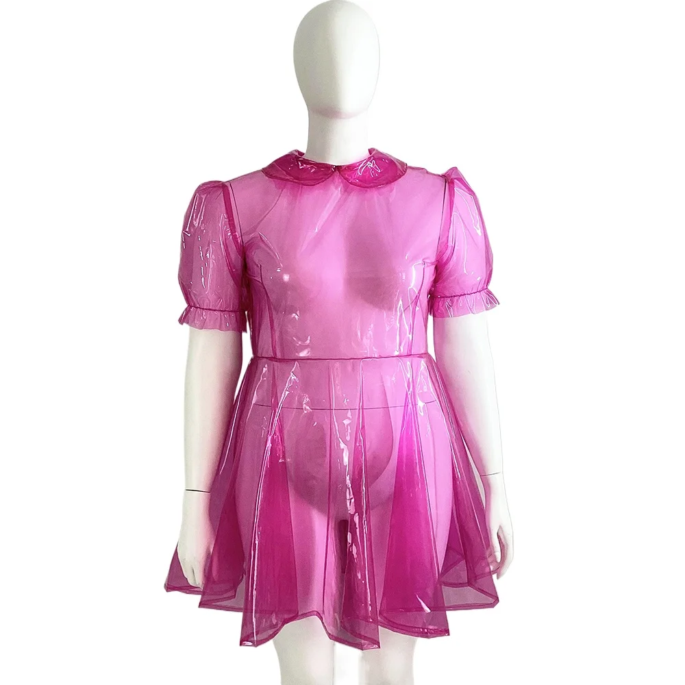 Exotic Clear Plastic Peter Pan Collar Dress, Halloween Party Cosplay, A-line Dresses, Sissy, PVC Puff Short Sleeve, Plus Size