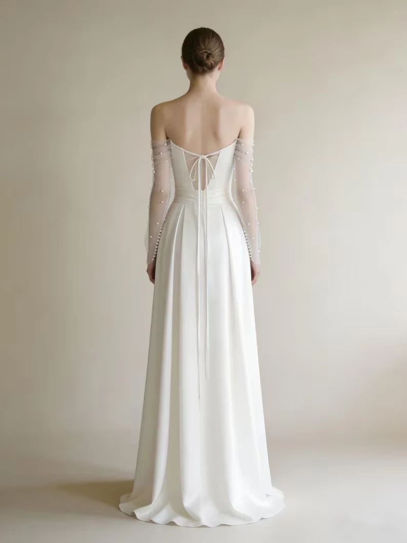 Customized Modern Style Charmeuse Pleat Draped Bow Pearl A-line Off-the-shoulder Long Dresses Bespoke Occasion Dresses Matching