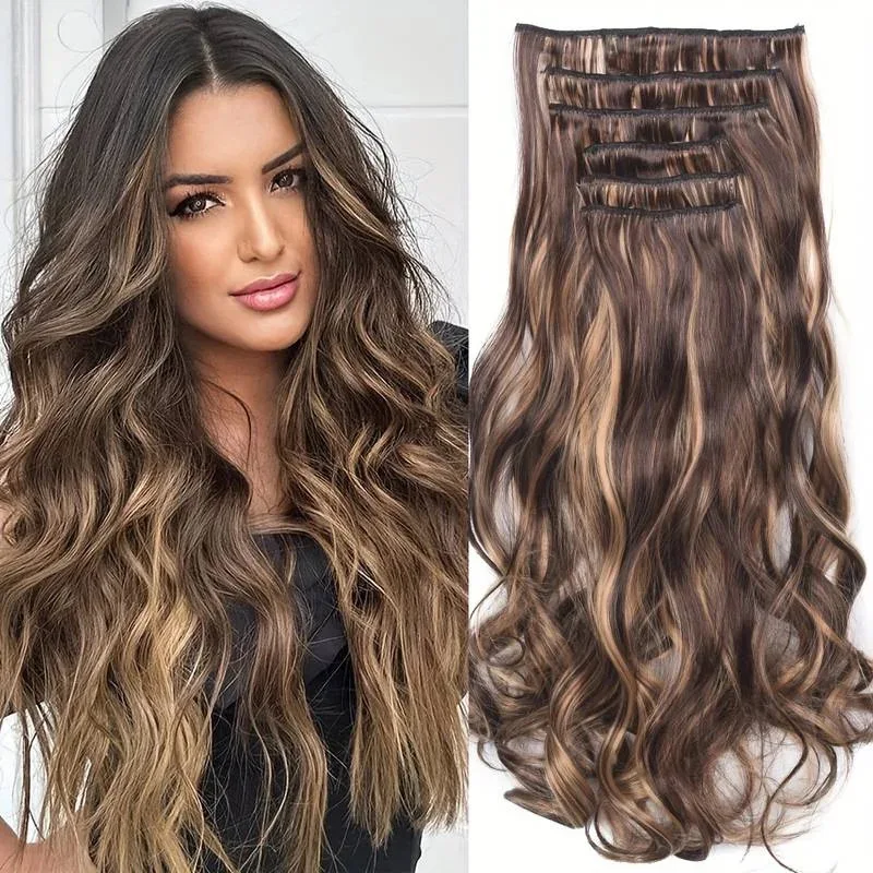 

Clip In Hair Extensions 6 PCS Full Head Enough 22 Inch Long Curly Wavy Synthetic Hair Pieces Natural Wavy For Women Girls Hair