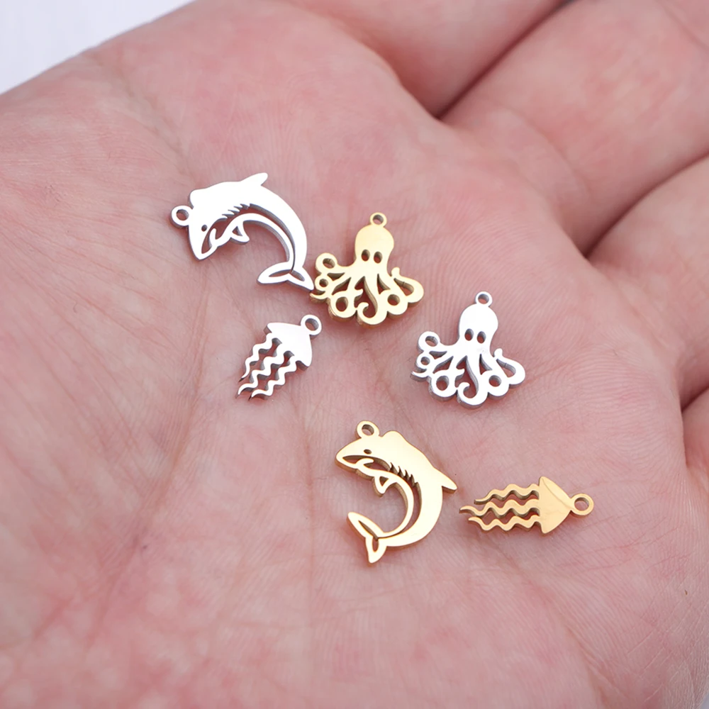 10pcs/lot Polished Stainless Steel Marine Animals Charm for Shark Octopus Jellyfish Pendant DIY Jewelry Making Accessory