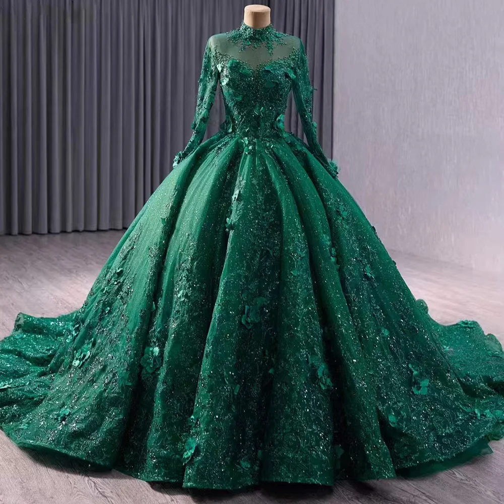 

Customizable Green Evening Dress With Turtle Long Sleeves Lace-Up Keyhole Back Pearls Appliques Sequined Prom Dress 2026