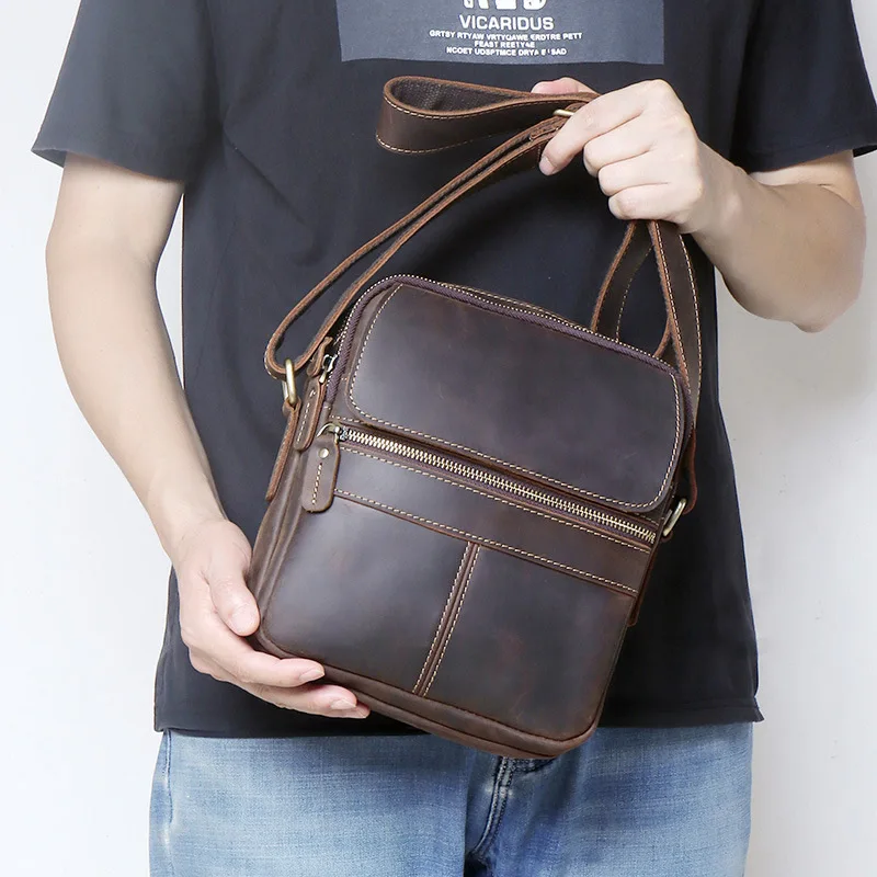New Retro Men's Vertical Crossbody Bag, Handcrafted Pull-Up Leather Sling Bag, Full-Grain Leather Casual Shoulder Purse