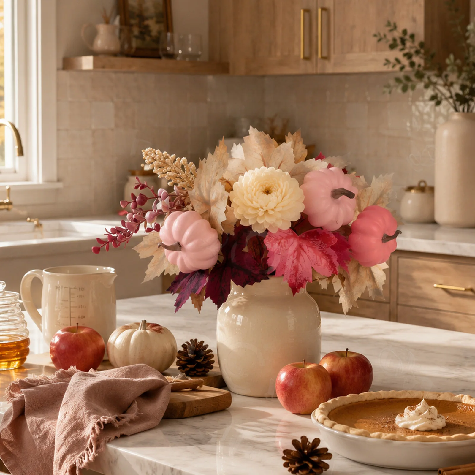 Matte Pink Pumpkin Floral Pick with Gradient Maple Leaves and Berries on Bendable Stem for Custom Autumn Arrangements