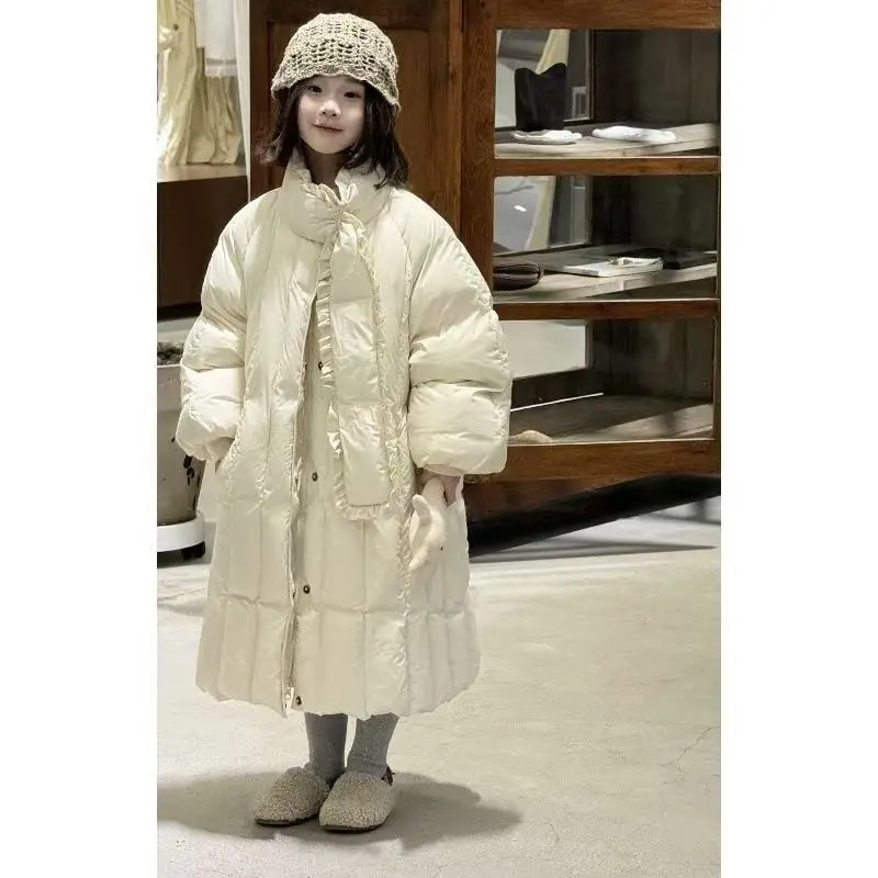 

2025 Winter New Solid Color Long Down Jacket Winter Clothing Design Sense Girls' Lace Hooded Casual Warm Coat 120-160CM