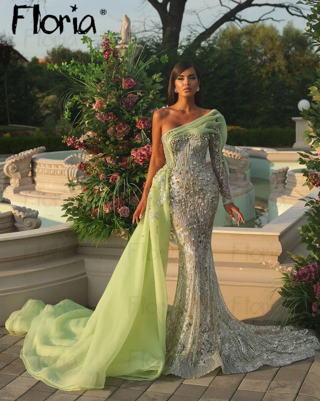 Spring Summer Solid Green Evening Dress One Shoulder Beading New Prom Dresses Dubai Trumpet Wedding Party Gowns With OverSkirt