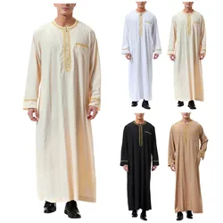 O-Neck Long Sleeve Retro Tunics Abaya Arabic Men'S Muslim Shirt Kaftan Islamic Royalty Dubai Robe Traditional Costume Men'S Robe