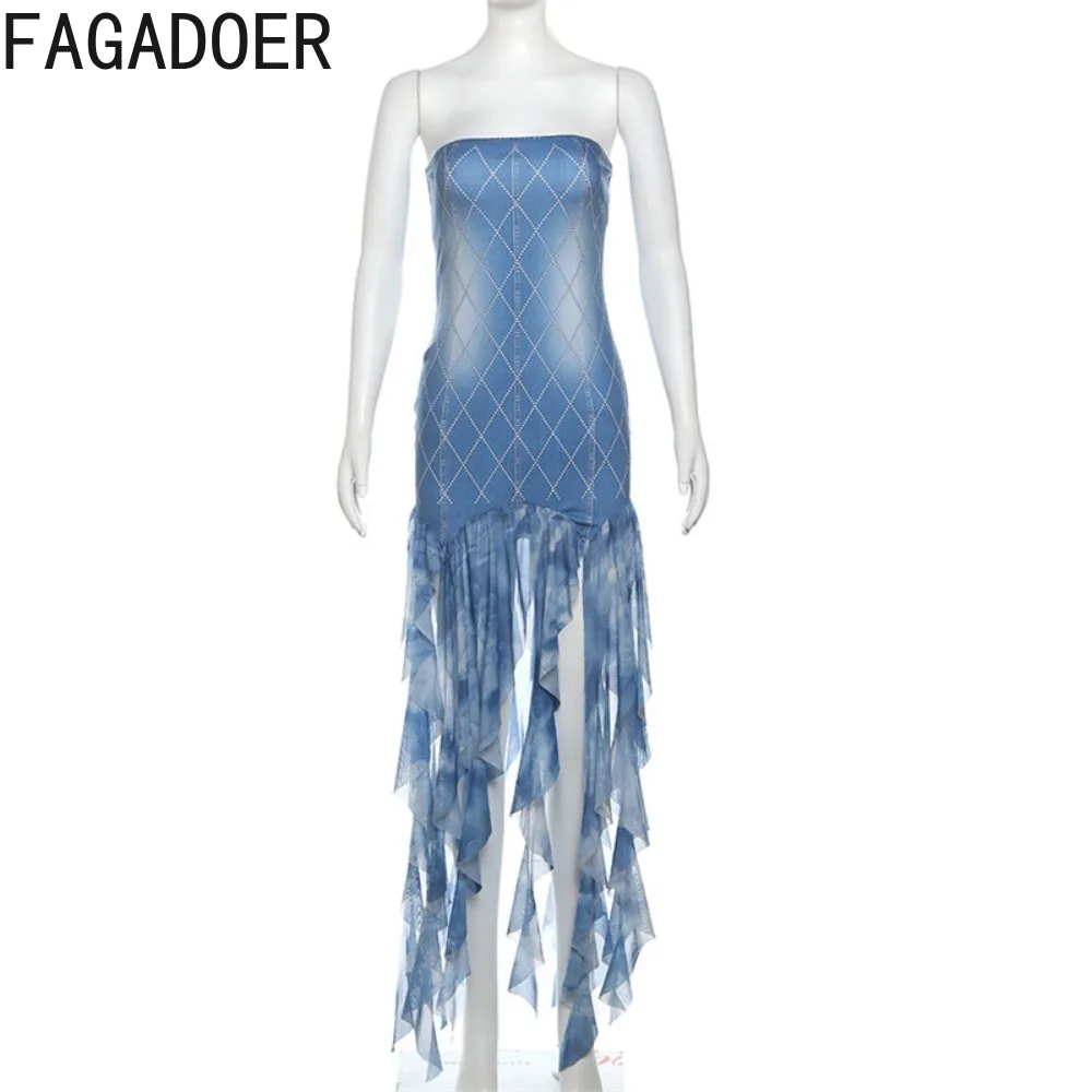 FAGADOER Blue Fashion Printing Bodycon Tassels Dresses Women Off Shoulder Sleeveless Backless Slim Vestidos Female Streetwear