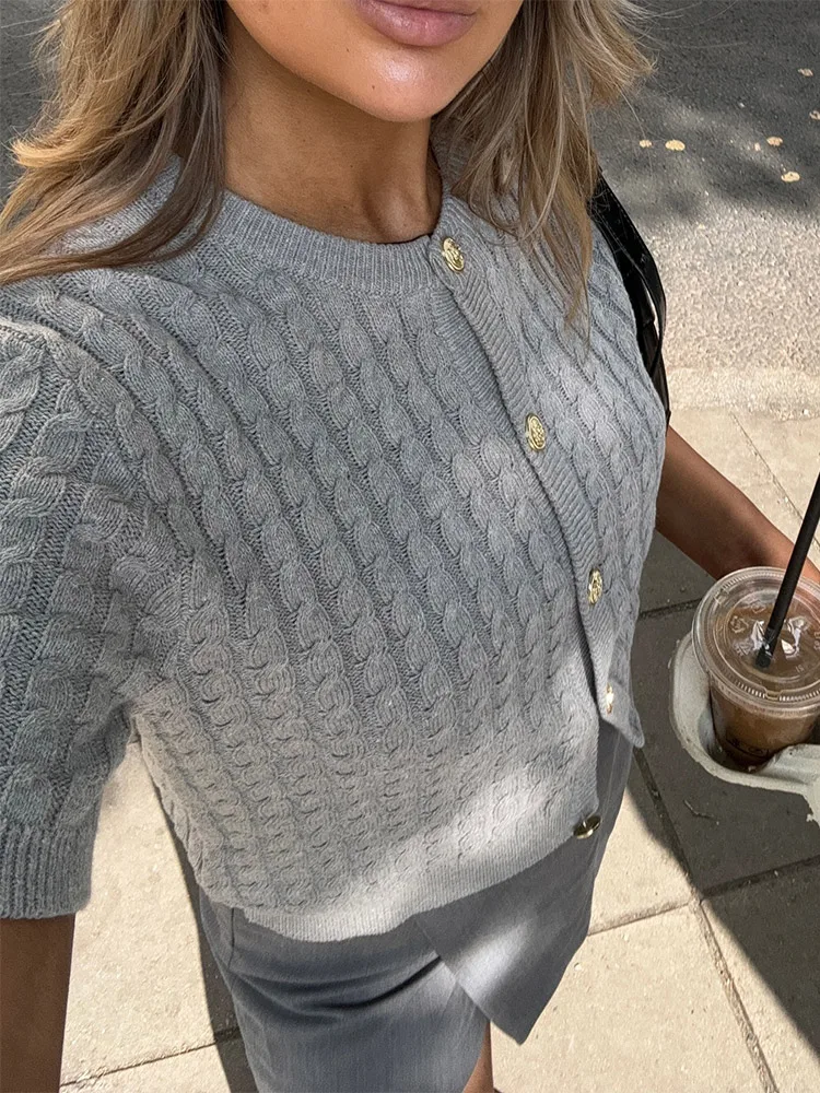 Women Solid Ribbed Knitted Single Breasted Cardigan Fashion O Neck Short Sleeve Slim Sweater Ladies Commute High Street Knitwear