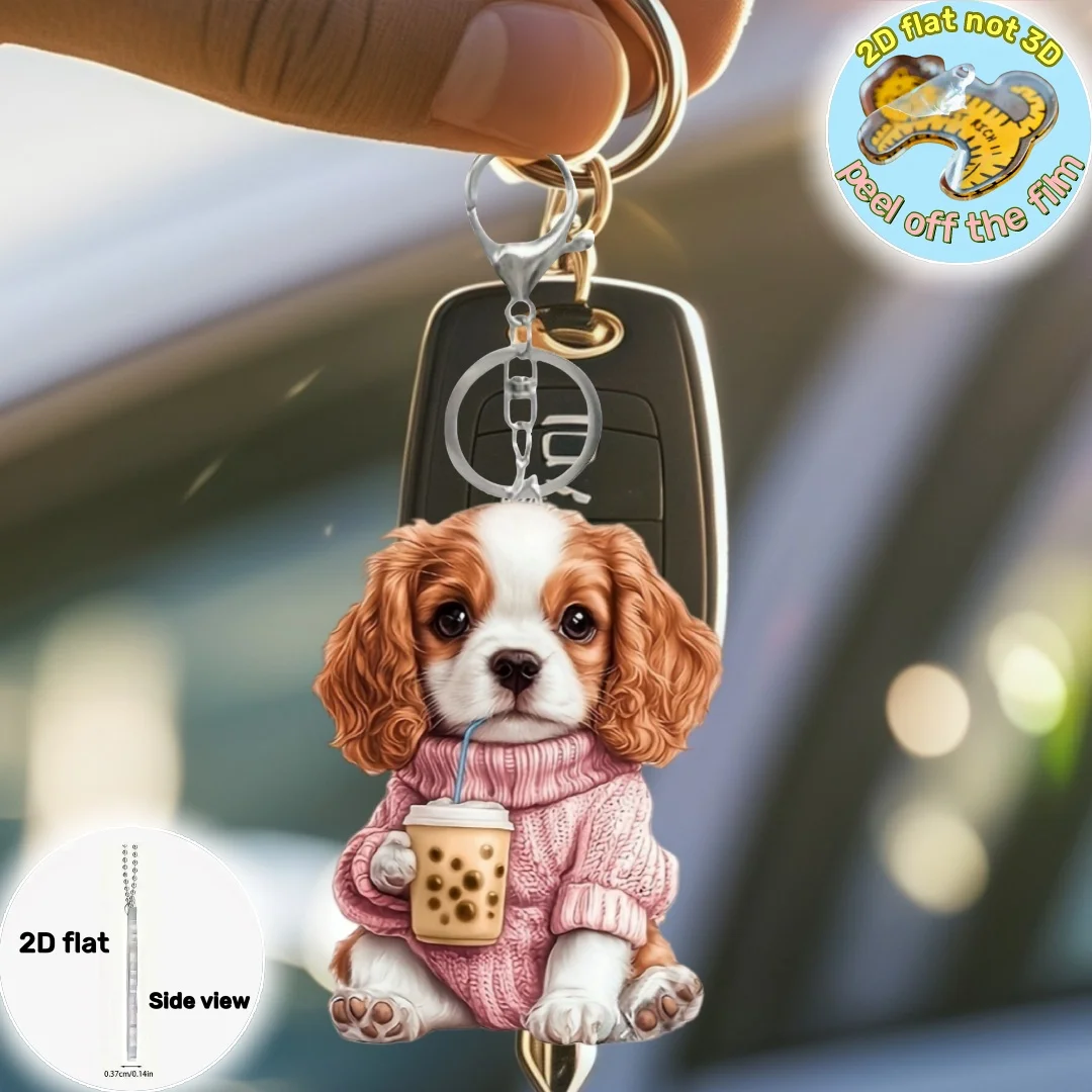 Cavalier King Charles Spaniel Pendant Keychain,Puppy 2D Flat Acrylic Ornament,Hanging Decoration for Car,Bags,Festive,Party,Gift