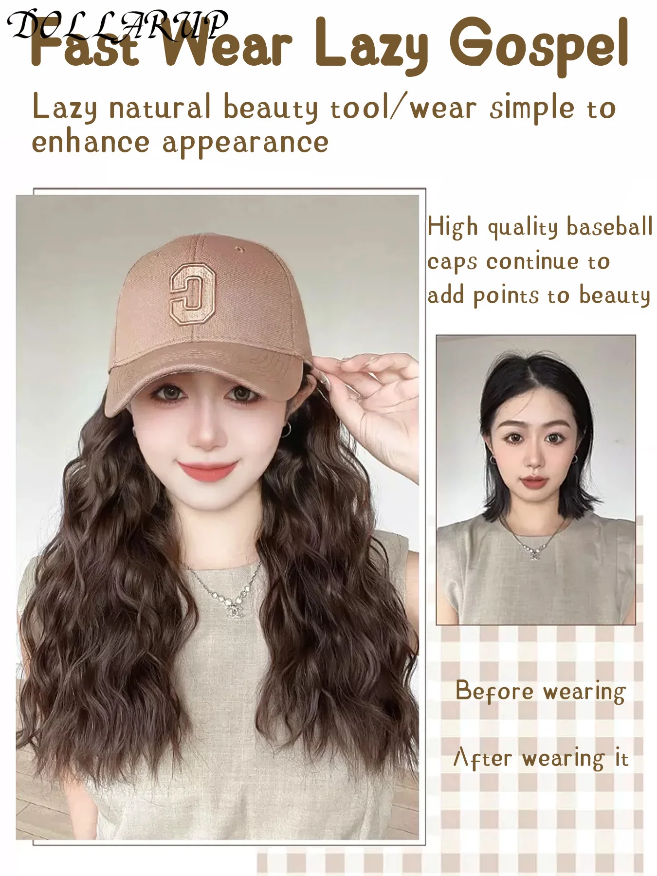 Long Synthetic Fluffy Natural Wave Wavy Curly Hair Wigs with Hat Baseball Cap Naturally Connect Adjustable Hat Wig