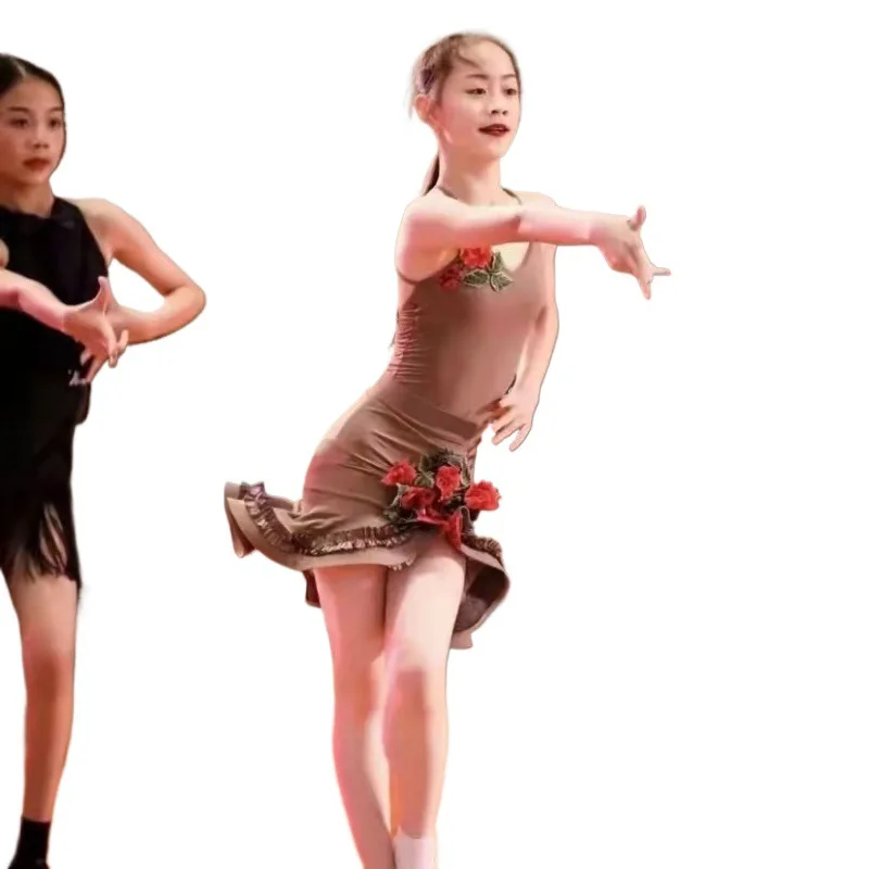여아 프리미엄 라틴 댄스복 자수 장미 어린이 대회 의상 공연복 신상품