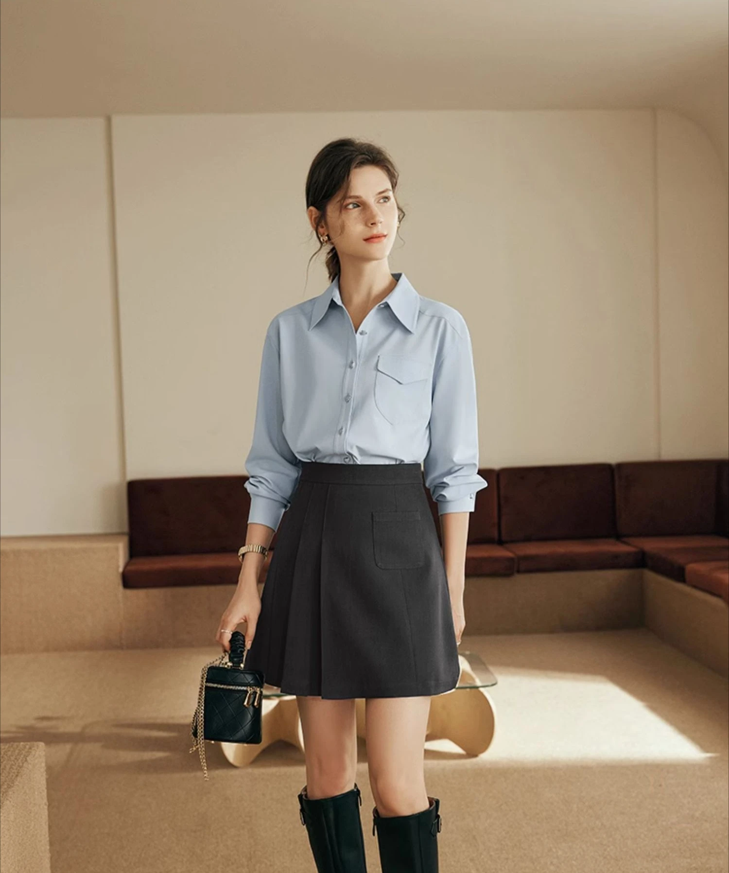 OLrain Women French POLO Neck Blue Shirts  2025 Heart Single Buttons Work Bussiness Wear Long Sleeve Ladies Blouses N56QC83011