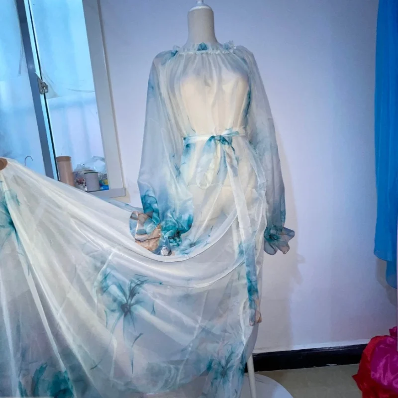 

Сексуальное шифоновое мягкое платье, ультратонкое перспективное шелковистое гладкое платье с длинными рукавами и цветочными оборками, эротическое большое свободное платье для пары