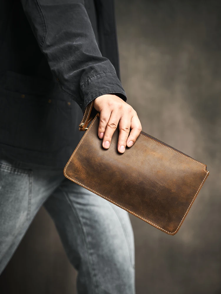 Men\'s Genuine Leather Clutch Bag Top Layer Cowhide Handbag Men\'s Casual Coffe Brown Leather Long Wallet Simple Mobile Phone Bag