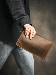 Men's Genuine Leather Clutch Bag Top Layer Cowhide Handbag Men's Casual Coffe Brown Leather Long Wallet Simple Mobile Phone Bag