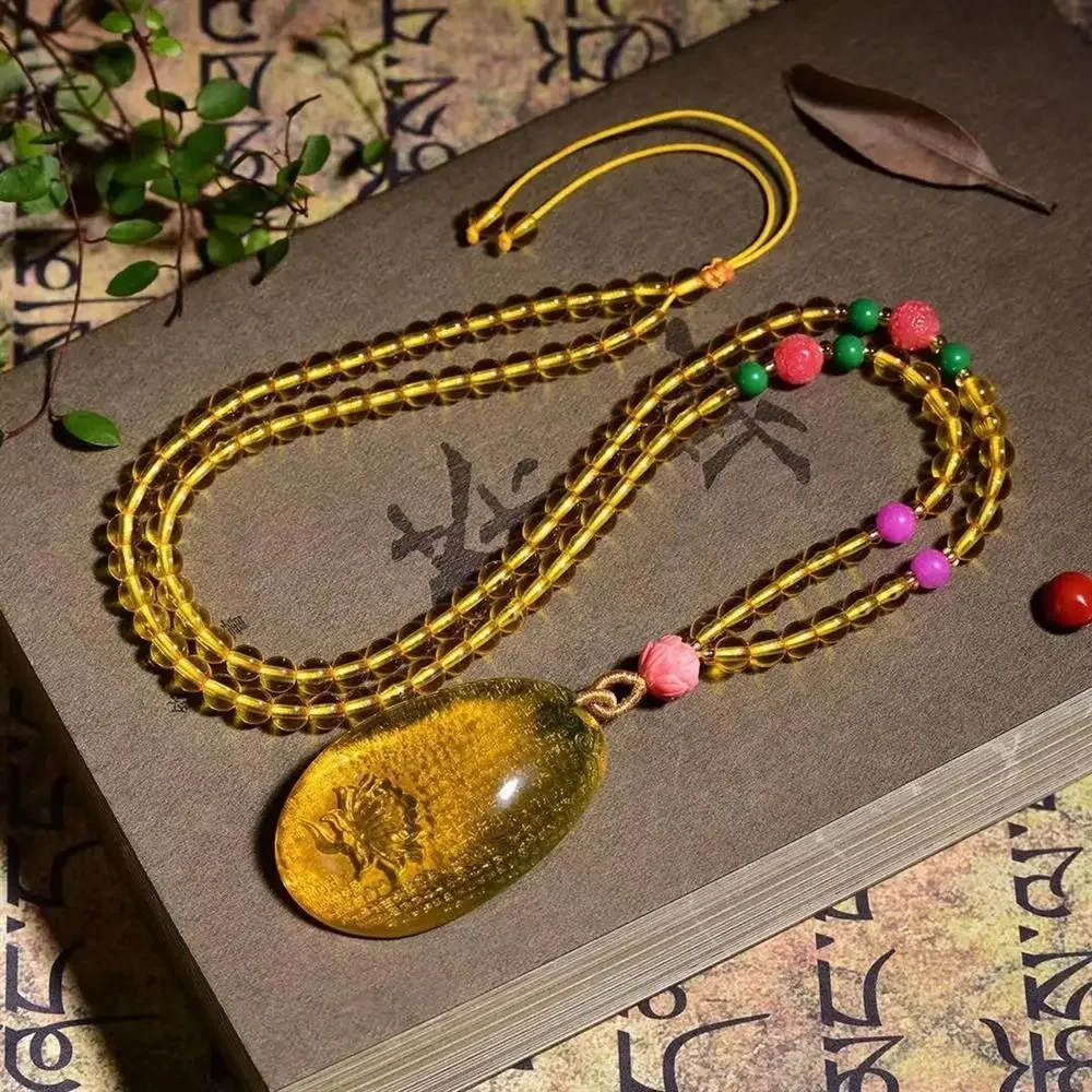 

Amber Wax Gold Po Heart Sutra Necklace 5A Water Purification Lotus AMBER PENDANT Men's and Women's Wax Pendant Necklace