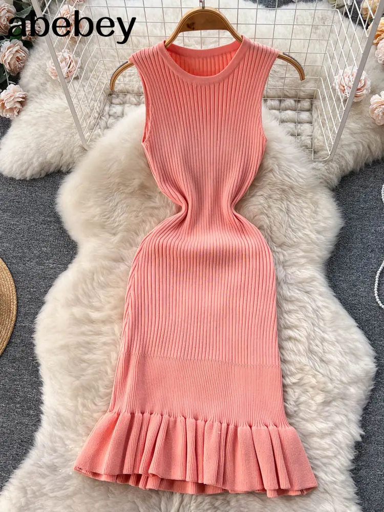 Summer Knitted Bodycon Sexy Dress 2023 O Neck Sleeveless Ruffled Party Sundress High Street Elastic Slim Short Dress