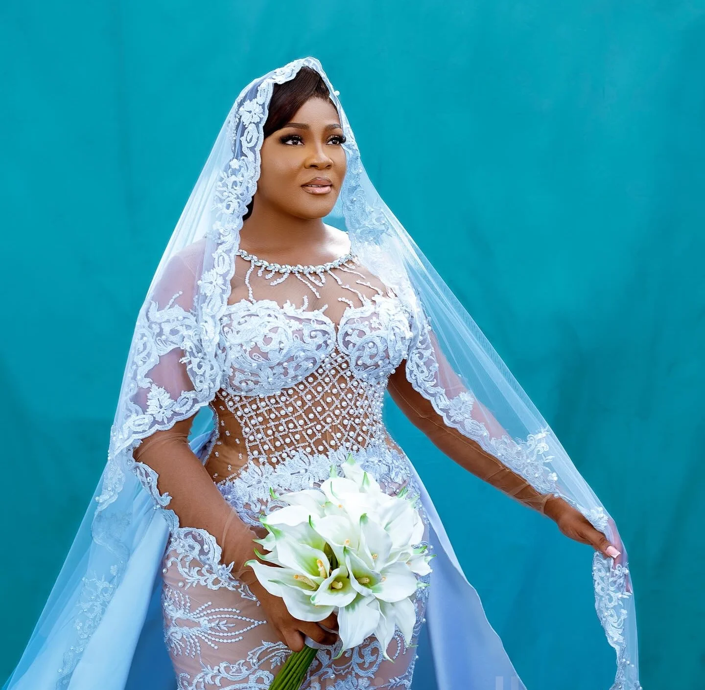 Съемные африканские свадебные платья Черные девушки Русалка с длинными рукавами Кружева с жемчугом Aso Ebi Свадебные платья Vestido De Novia по индивидуальному заказу