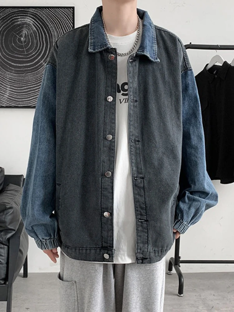 

Retro Patchwork Denim Jacket Men Loose Fall Winter Casual Jacket Trend Cowboy Jeans Coats Long Sleeve Trendy Outerwear