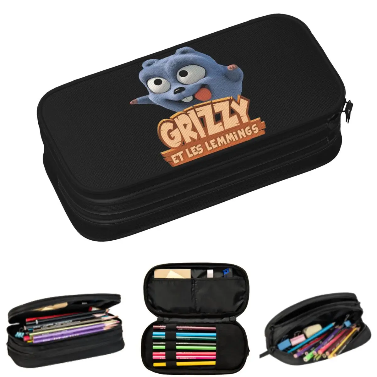 Happy Grizzy And The Lemmings Cartoon Lemmings Bear Square Pencil for Student Cases School Pen Box Pencil Bag Pencil Pouch