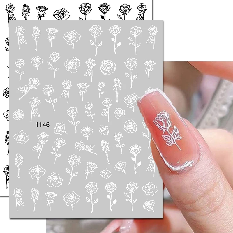 Nail Art Decals 3d White Black Gold Silver Roses Flowers Faces Adhesive Sliders Nail Stickers Decoration For Nail Manicure