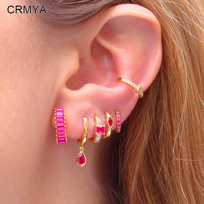 CRMYA Red CZ Zircon Dangle Hoop Earrings For Women Fashion Gold Plated Piercing Famale Earring Set 2025 Jewelry Accessories