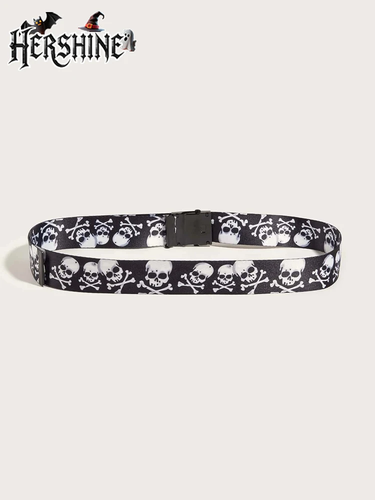 HERSHINE 1 قطعة حزام شريطي مطبوع على شكل جمجمة الهالوين نمط محايد للجنسين Y2K نمط داكن إكسسوارات الهالوين على طراز فاسق