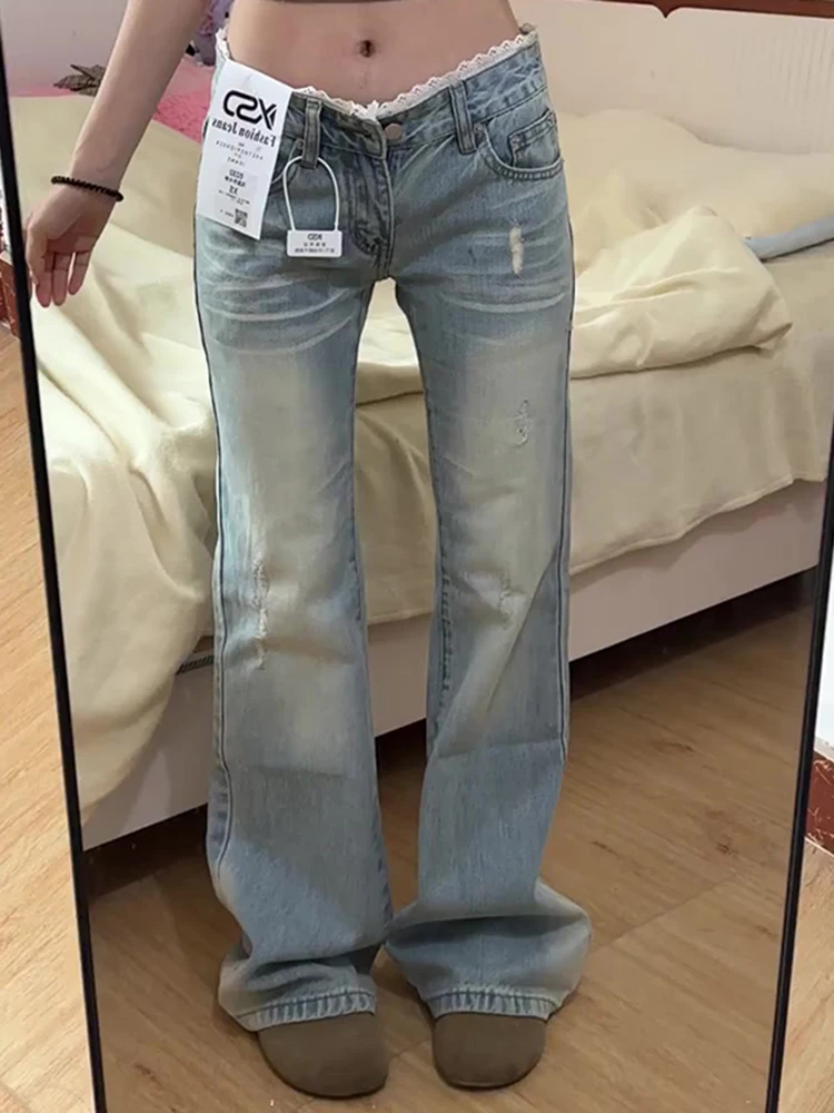 

Женские джинсы-клеш с низкой посадкой, кружевными вставками, летний дизайн, прямые, удлиненные, с высокой талией, широкие штанины