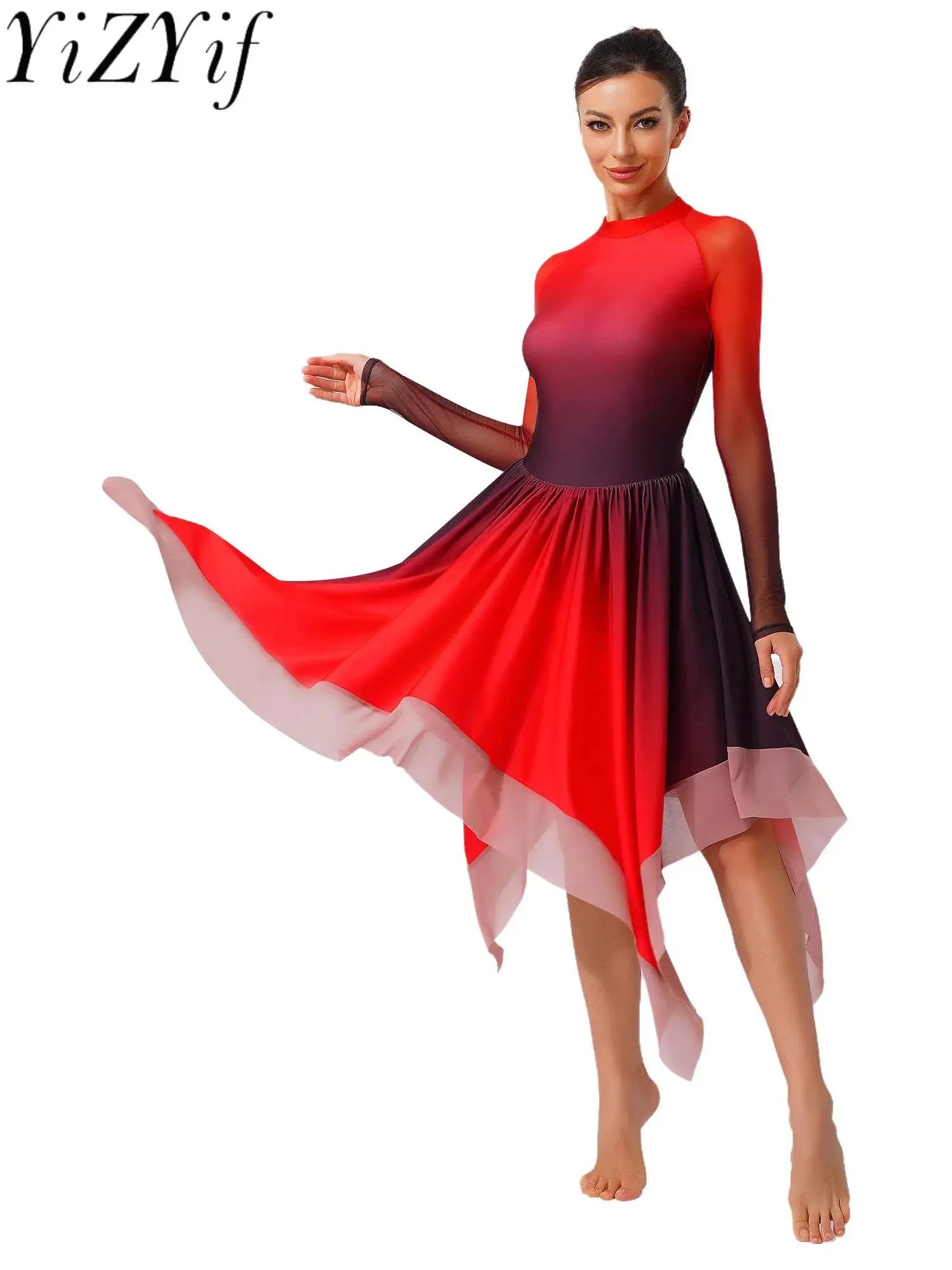 

Lyrical Gradient Modern Classical Dance Dress Female Long Sleeve Sheer Mesh Dress for Modern Stage Performance Dance Dress