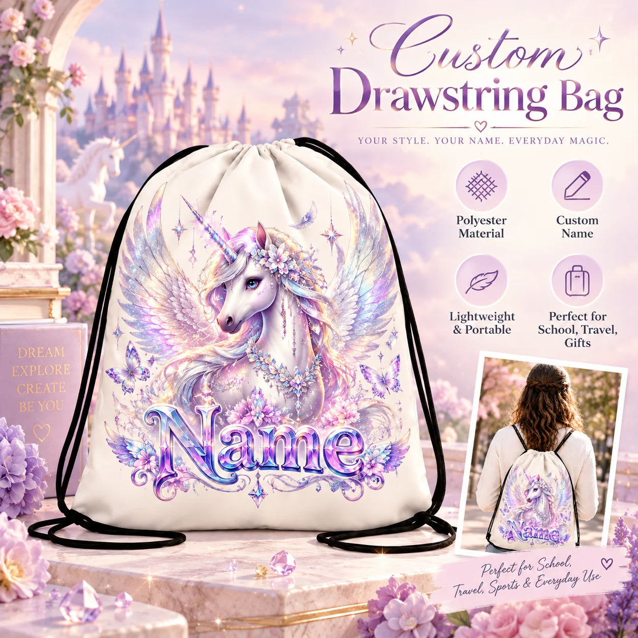 Custom Drawstring Bag, Personalized Unicorn Name Backpack, Lightweight Polyester Gym & Travel School Sack, Fantasy Gift Bags