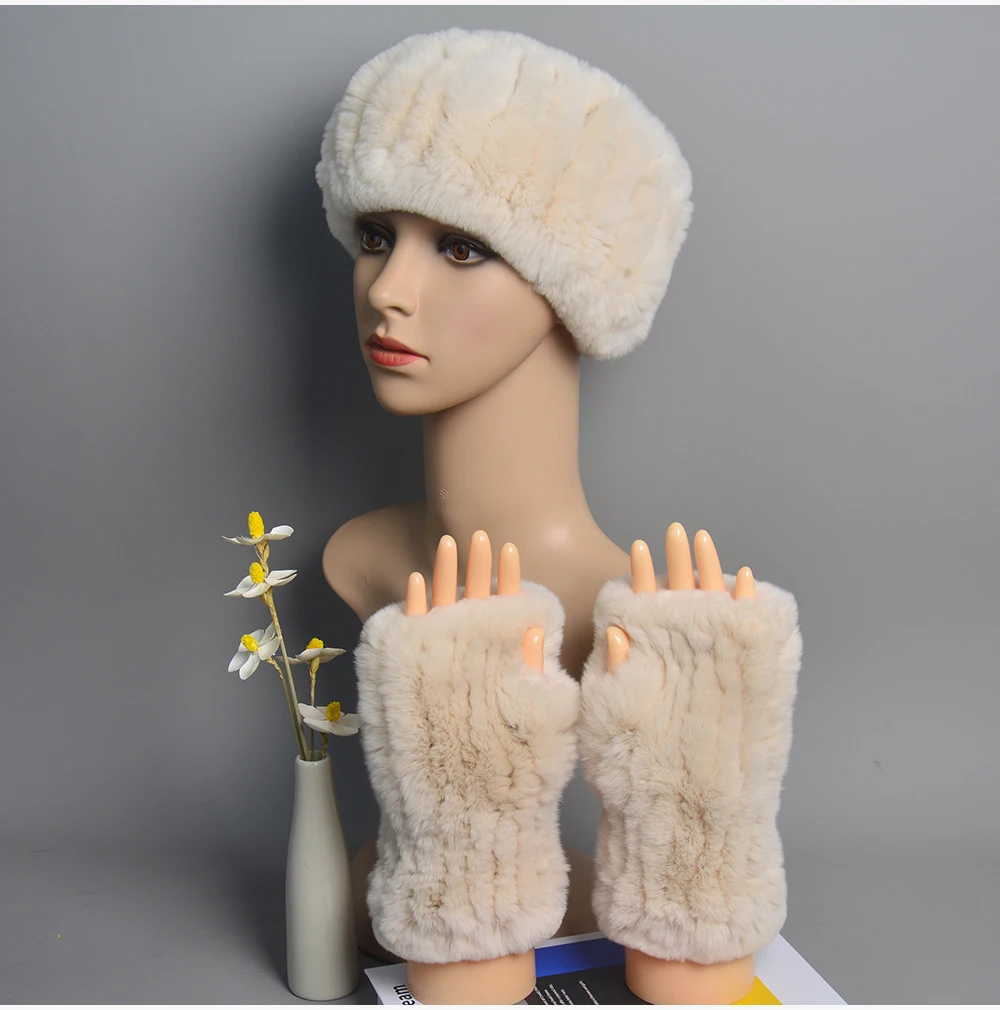 One Set Women Real Rex Rabbit Fur Cuff+Headband Winter Warmer Hat Arm Wrist Sleeve Gloves Female Real Fur Cap+Elastic Wristband