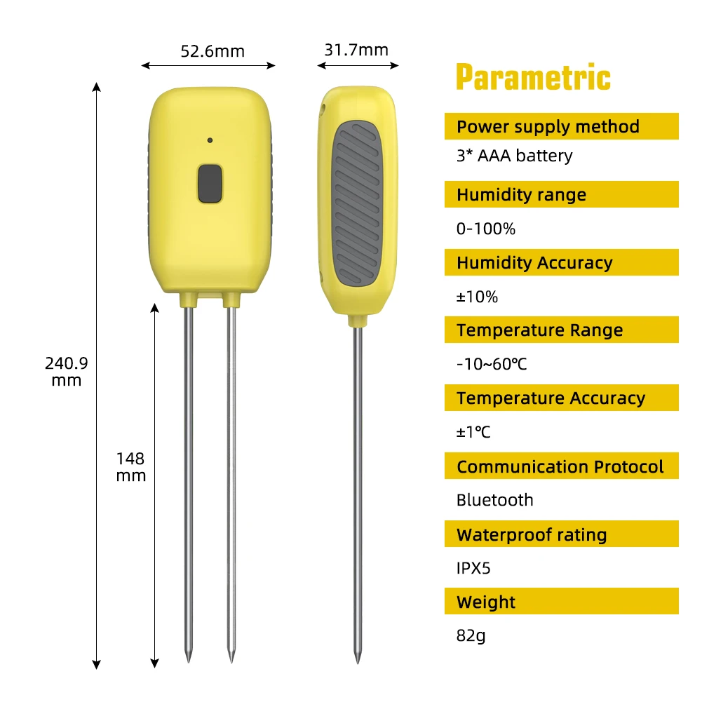 Yieryi misuratore di temperatura e umidità del suolo per giardino rilevatore di umidità del suolo Bluetooth intelligente per frutteti agricoli