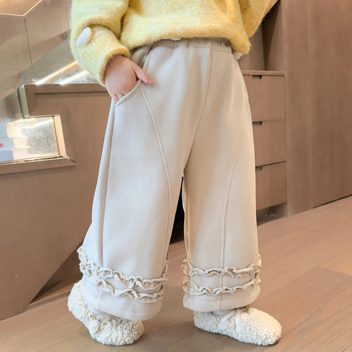 

Toddler Girls Straight Pant New Winter Solid Color Thicken Warm Kids Baby Girls Wide Leg Pant Elastic Waist Infant Girls Pant